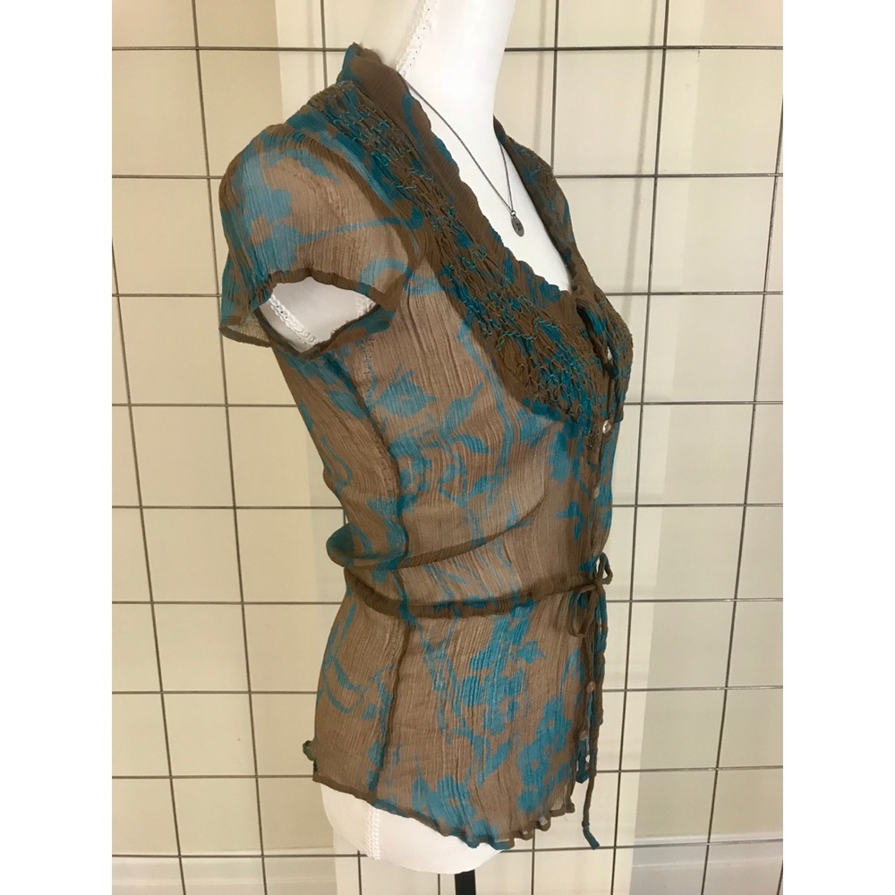 YAYA INTERMIX Brown Blue Sheer Silk Blouse - Picture 5 of 5
